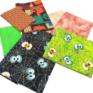 Halloween-Themed Cotton Fabric Bundle With Spider Webs Ghost Eyes & Pumpkin Prin